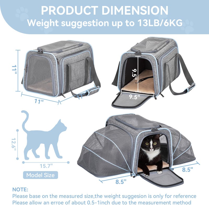 Petsfit Expandable Large Cat Carrier Small Dog Carriers Airline Approved, 17" Lx 11" Wx 11" H Soft-Sided Portable Washable Pet Travel Carrier with 2 Extension for Kittens, Puppies, Rabbits - Image 2